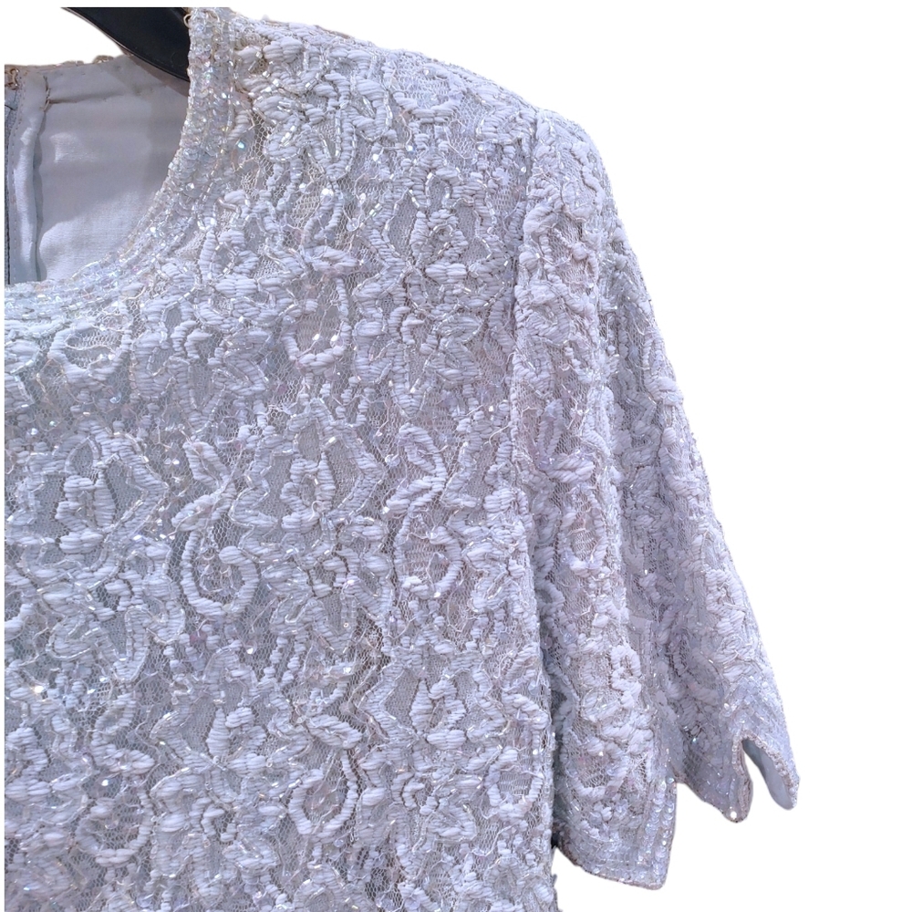 Vintage 1990s Ice Blue Beaded Short Sleeve Party Event Dress Women's Size Large - Picture 5 of 12